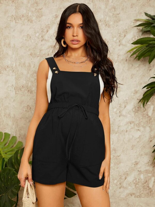 OYOANGLE Women's Maternity Button Sleeveless Drawstring High Waist Short Overall Casual Romper with Pocket - Image 4