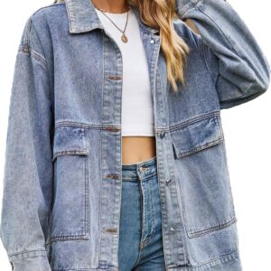PAODIKUAI Women's Oversized Denim Jacket Casual Long Sleeve Vintage Jean Jacket Top Coat with Pockets