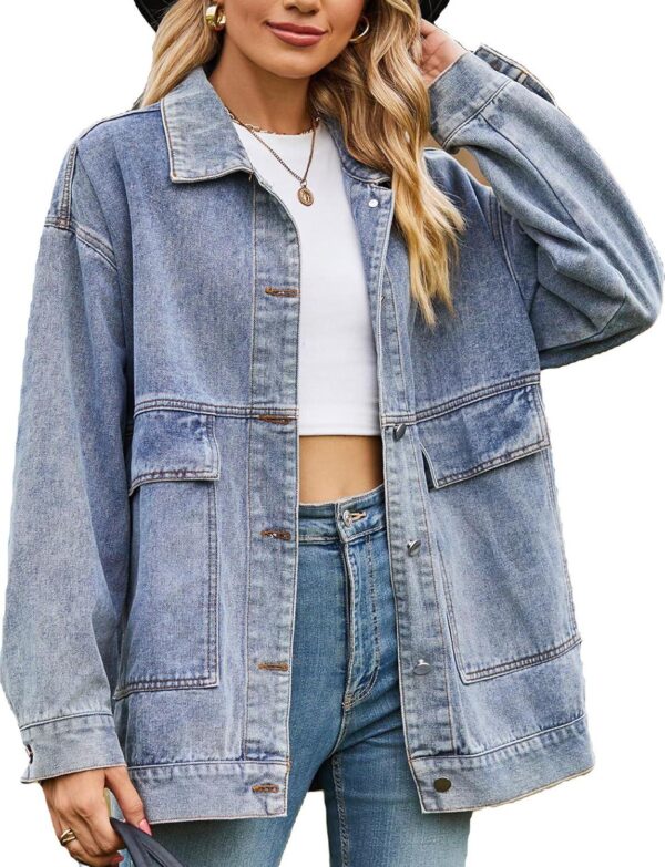 PAODIKUAI Women's Oversized Denim Jacket Casual Long Sleeve Vintage Jean Jacket Top Coat with Pockets