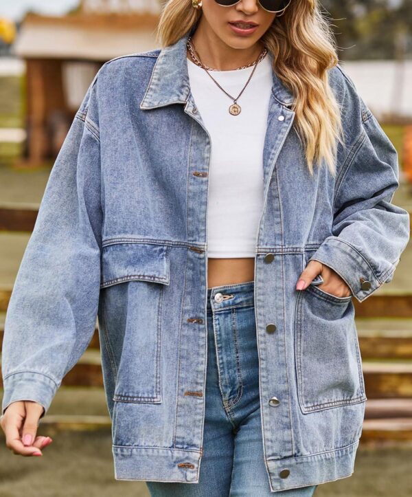 PAODIKUAI Women's Oversized Denim Jacket Casual Long Sleeve Vintage Jean Jacket Top Coat with Pockets - Image 4