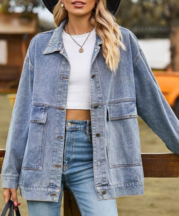 PAODIKUAI Women's Oversized Denim Jacket Casual Long Sleeve Vintage Jean Jacket Top Coat with Pockets - Image 3
