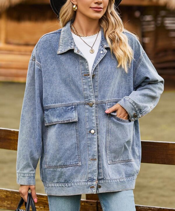 PAODIKUAI Women's Oversized Denim Jacket Casual Long Sleeve Vintage Jean Jacket Top Coat with Pockets - Image 5