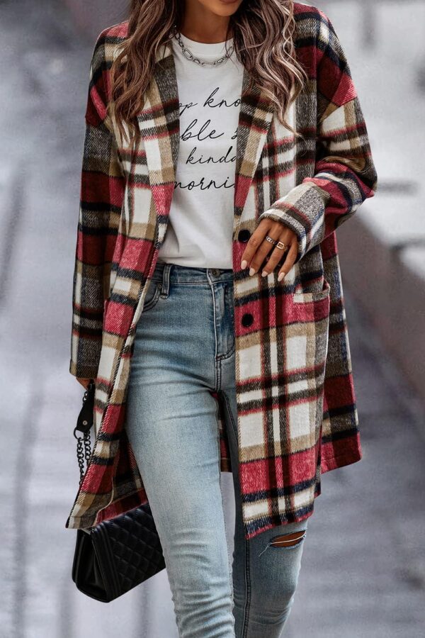 PRETTYGARDEN Women's 2024 Plaid Shacket Jacket Casual Button Wool Blend Winter Tartan Trench Coat With Pockets - Image 6
