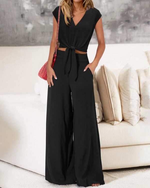 PRETTYGARDEN Women's Summer 2 Piece Outfits 2024 Cap Sleeve V Neck Belted Crop Tops Wide Leg Pant Sets Casual Tracksuit - Image 3
