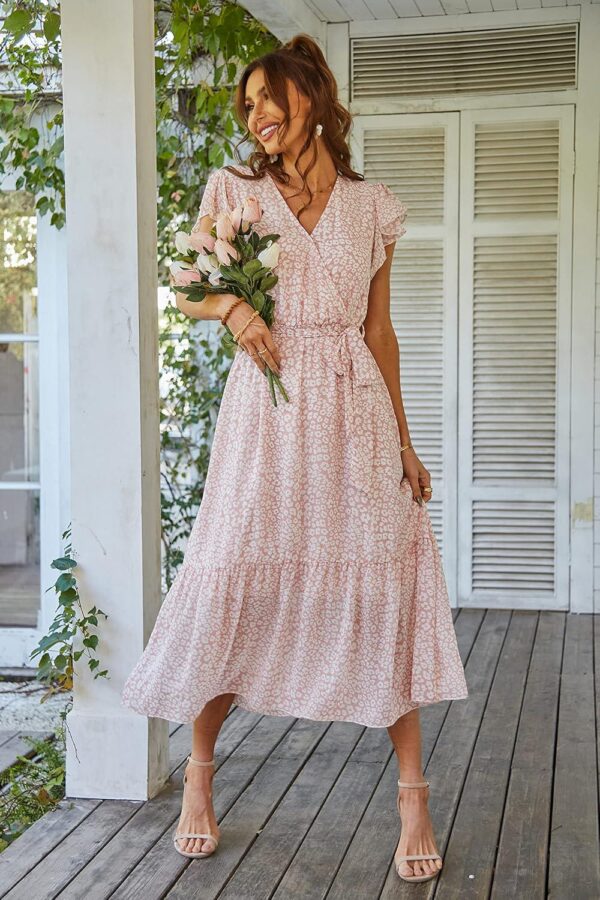 PRETTYGARDEN Women's 2024 Floral Boho Dress Wrap V Neck Short Sleeve Belted Ruffle Hem A-Line Flowy Maxi Dresses - Image 6