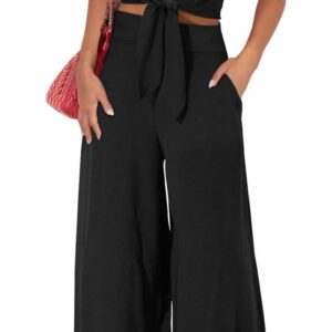PRETTYGARDEN Women's Summer 2 Piece Outfits 2024 Cap Sleeve V Neck Belted Crop Tops Wide Leg Pant Sets Casual Tracksuit