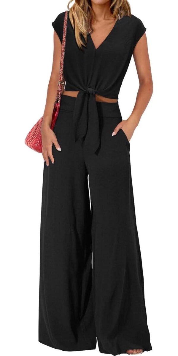 PRETTYGARDEN Women's Summer 2 Piece Outfits 2024 Cap Sleeve V Neck Belted Crop Tops Wide Leg Pant Sets Casual Tracksuit
