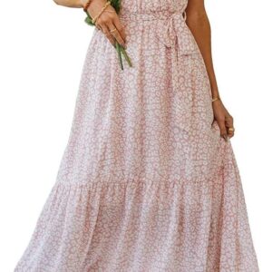PRETTYGARDEN Women's 2024 Floral Boho Dress Wrap V Neck Short Sleeve Belted Ruffle Hem A-Line Flowy Maxi Dresses