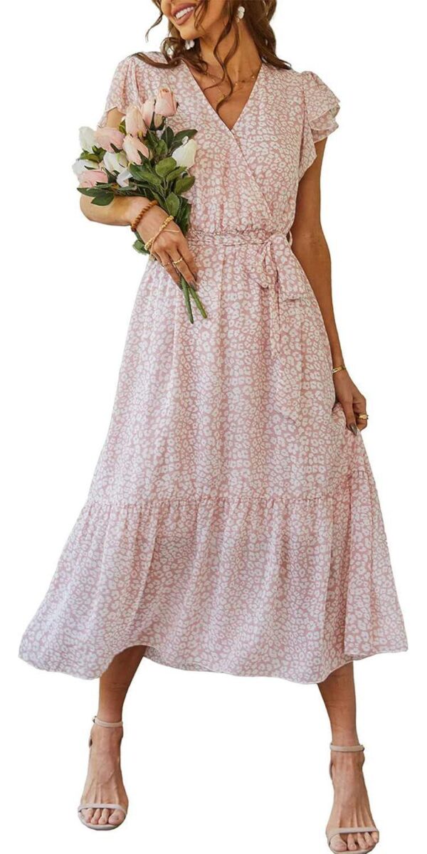 PRETTYGARDEN Women's 2024 Floral Boho Dress Wrap V Neck Short Sleeve Belted Ruffle Hem A-Line Flowy Maxi Dresses