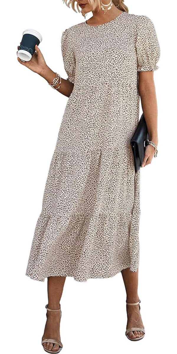 PRETTYGARDEN Women's Summer Casual Boho Dress Floral Ruffle Puff Sleeve High Waist Midi Beach Dresses