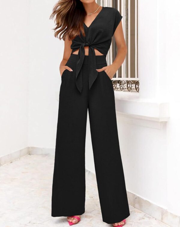 PRETTYGARDEN Women's Summer 2 Piece Outfits 2024 Cap Sleeve V Neck Belted Crop Tops Wide Leg Pant Sets Casual Tracksuit - Image 7