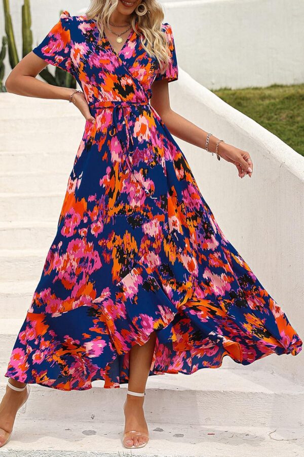 PRETTYGARDEN Womens Summer Wrap Maxi Dress Casual Boho Floral V Neck Short Sleeve Ruffle Hem Split Beach Long Dresses - Image 4