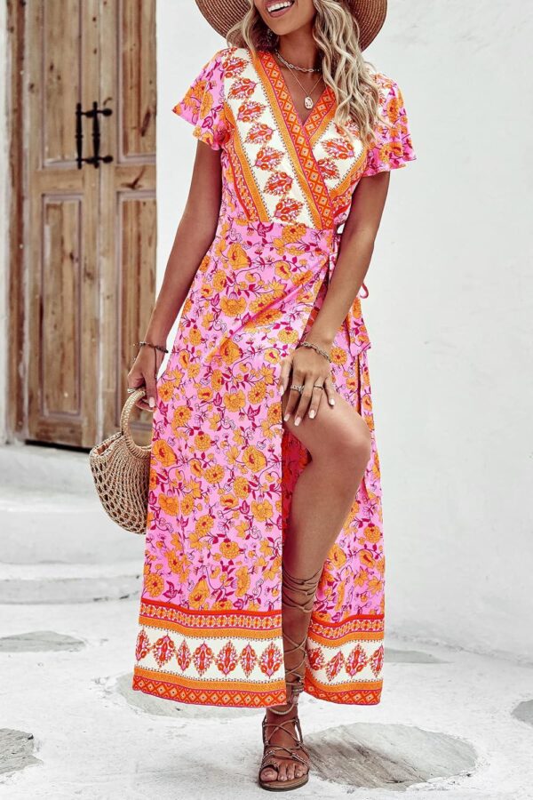 PRETTYGARDEN Womens Wrap V Neck Summer Floral Split Casual Maxi Dresses - Image 8