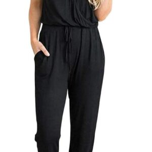 PRETTYGARDEN Womens Deep V Neck Wrap Drawstring Waist Jumpsuit