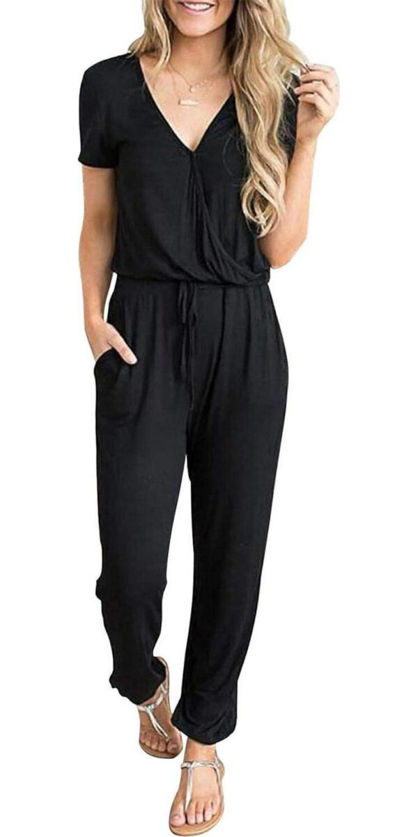 PRETTYGARDEN Womens Deep V Neck Wrap Drawstring Waist Jumpsuit
