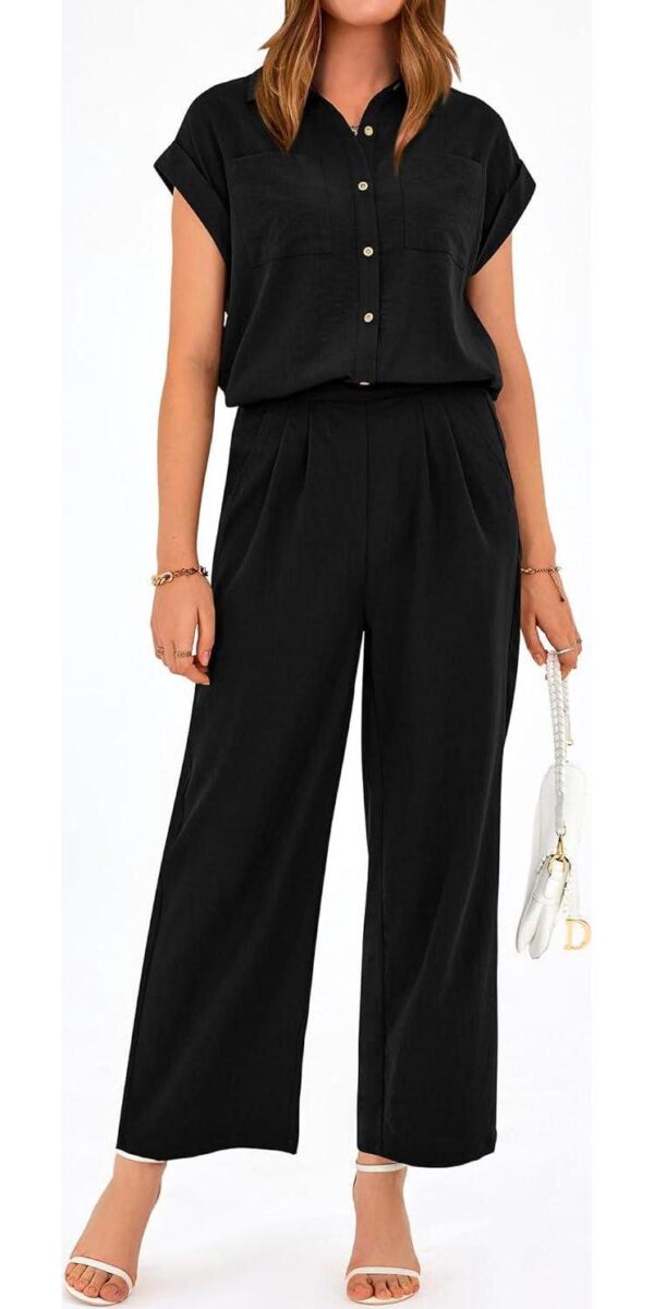 PRETTYGARDEN Womens Short Sleeve Button Down Shirt Long Pant Lounge Set - Image 5