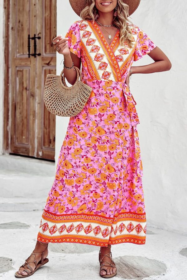 PRETTYGARDEN Womens Wrap V Neck Summer Floral Split Casual Maxi Dresses - Image 2