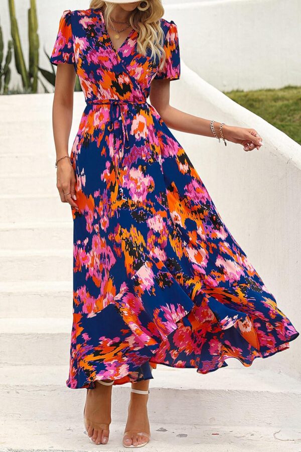 PRETTYGARDEN Womens Summer Wrap Maxi Dress Casual Boho Floral V Neck Short Sleeve Ruffle Hem Split Beach Long Dresses - Image 2
