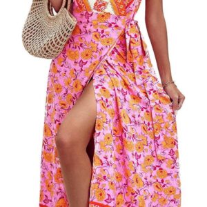 PRETTYGARDEN Womens Wrap V Neck Summer Floral Split Casual Maxi Dresses