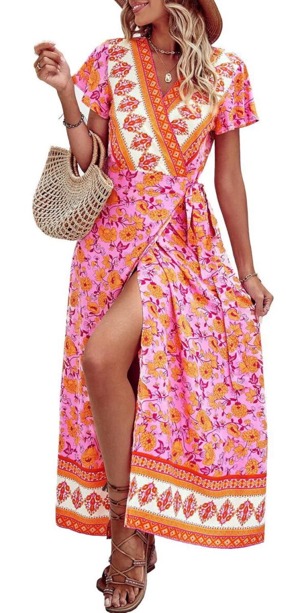 PRETTYGARDEN Womens Wrap V Neck Summer Floral Split Casual Maxi Dresses
