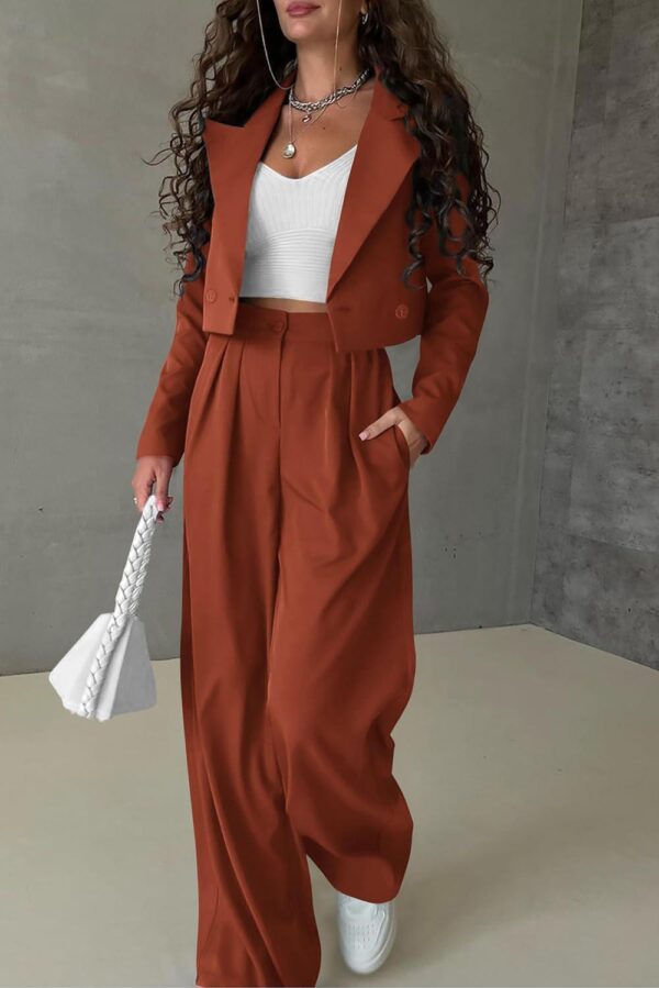 PRETTYGARDEN Womens Cropped Blazer Jackets High Waisted Wide Leg Work Pants Suit Set - Image 5