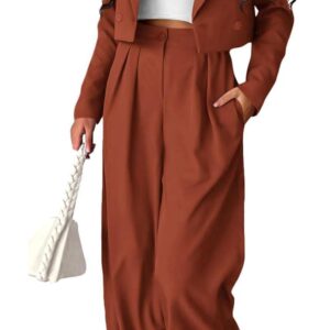 PRETTYGARDEN Womens Cropped Blazer Jackets High Waisted Wide Leg Work Pants Suit Set