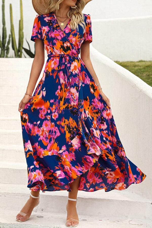 PRETTYGARDEN Womens Summer Wrap Maxi Dress Casual Boho Floral V Neck Short Sleeve Ruffle Hem Split Beach Long Dresses - Image 8