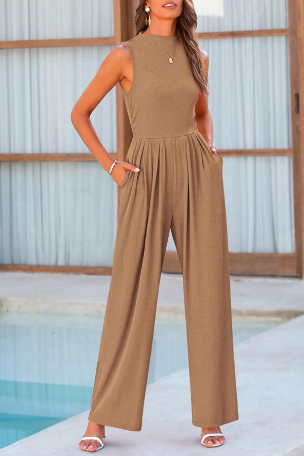 PRETTYGARDEN Womens Summer One Piece Sleeveless Mock Neck Wide Leg Pants Rompers With Pockets - Image 8