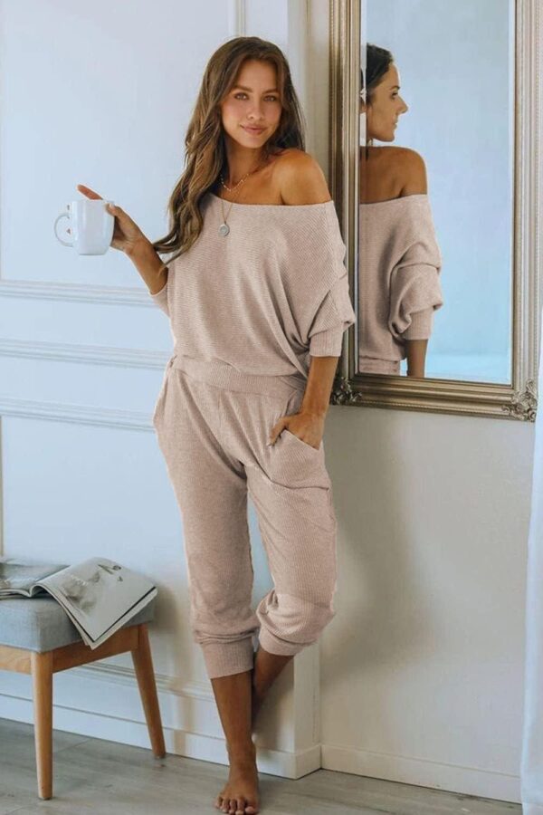 PRETTYGARDEN Womens 2 Piece Off Shoulder Ribbed Long Sleeve Pullover Long Pants With Pockets - Image 2