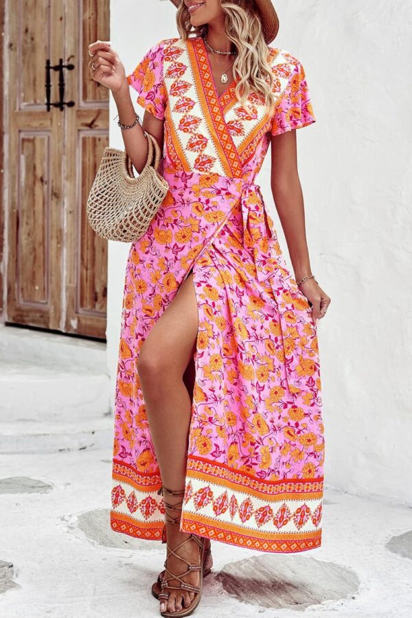 PRETTYGARDEN Womens Wrap V Neck Summer Floral Split Casual Maxi Dresses - Image 3