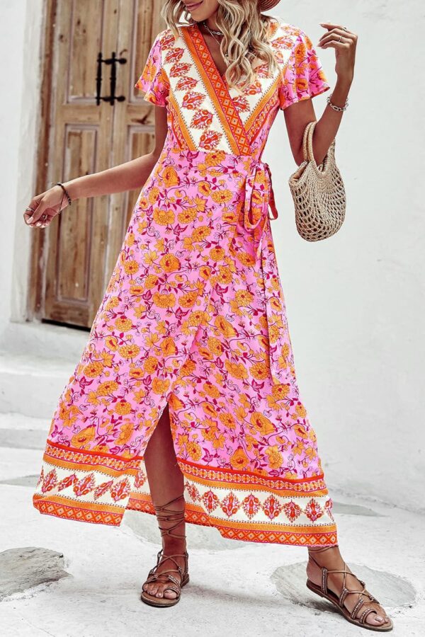 PRETTYGARDEN Womens Wrap V Neck Summer Floral Split Casual Maxi Dresses - Image 9