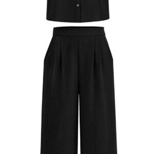 PRETTYGARDEN Womens Short Sleeve Button Down Shirt Long Pant Lounge Set