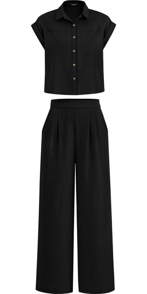 PRETTYGARDEN Womens Short Sleeve Button Down Shirt Long Pant Lounge Set