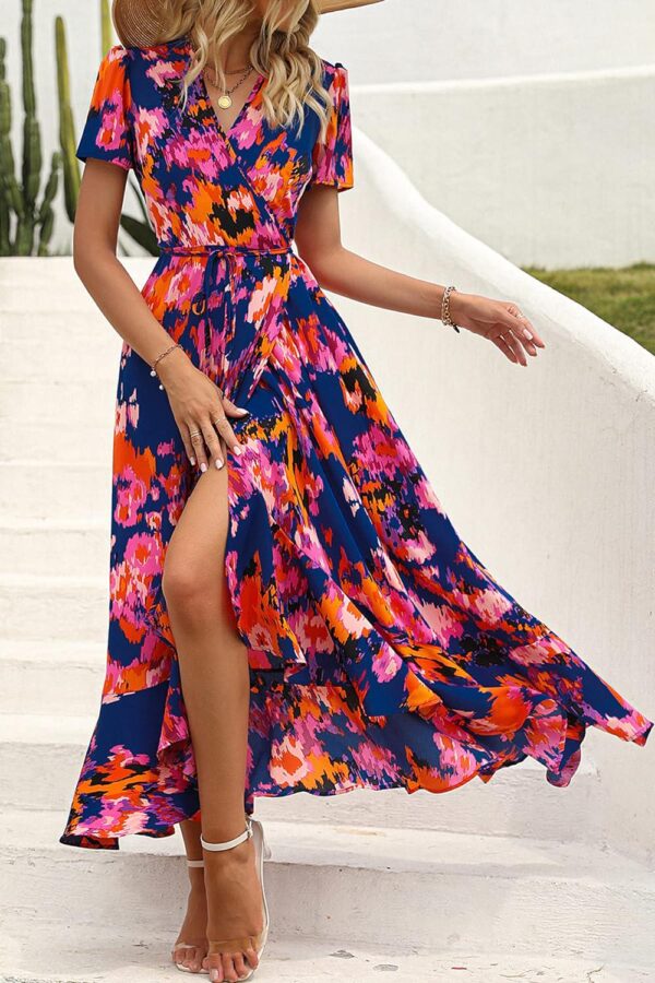 PRETTYGARDEN Womens Summer Wrap Maxi Dress Casual Boho Floral V Neck Short Sleeve Ruffle Hem Split Beach Long Dresses - Image 7