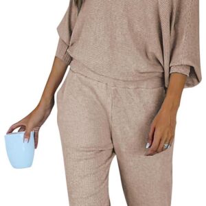 PRETTYGARDEN Womens 2 Piece Off Shoulder Ribbed Long Sleeve Pullover Long Pants With Pockets