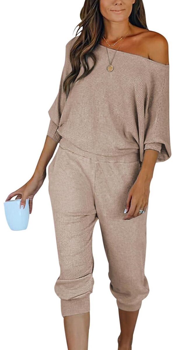 PRETTYGARDEN Womens 2 Piece Off Shoulder Ribbed Long Sleeve Pullover Long Pants With Pockets