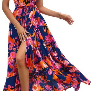 PRETTYGARDEN Womens Summer Wrap Maxi Dress Casual Boho Floral V Neck Short Sleeve Ruffle Hem Split Beach Long Dresses