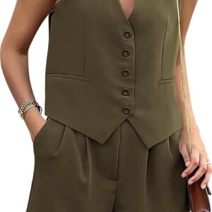 PRETTYGARDEN Womens 2024 2 Piece V Neck Sleeveless Button Down Vest Shorts Sets