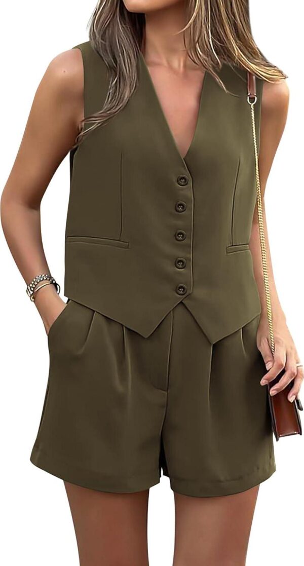 PRETTYGARDEN Womens 2024 2 Piece V Neck Sleeveless Button Down Vest Shorts Sets