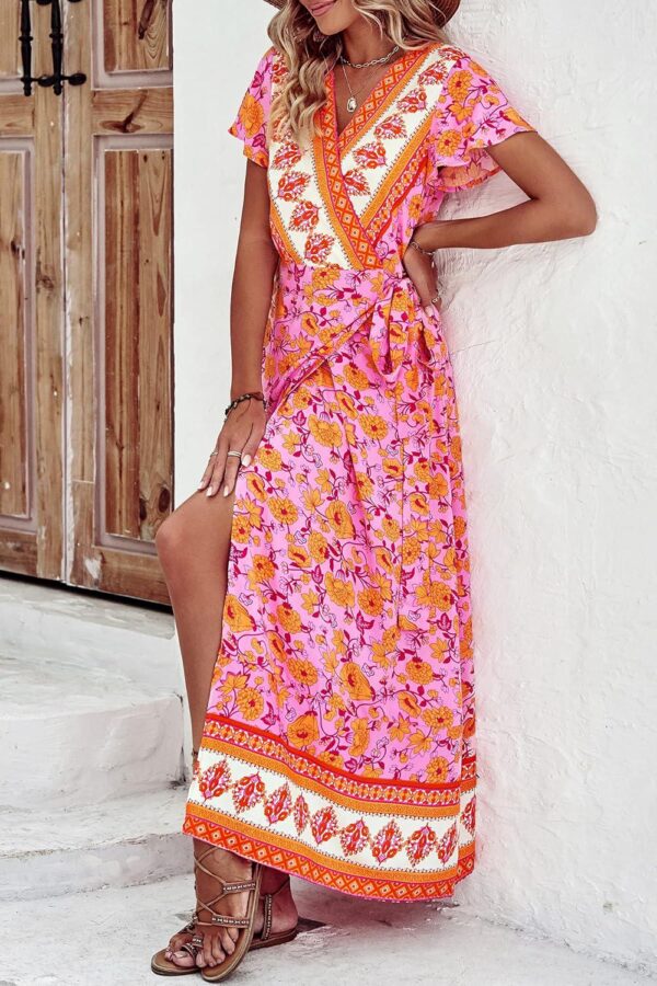 PRETTYGARDEN Womens Wrap V Neck Summer Floral Split Casual Maxi Dresses - Image 4