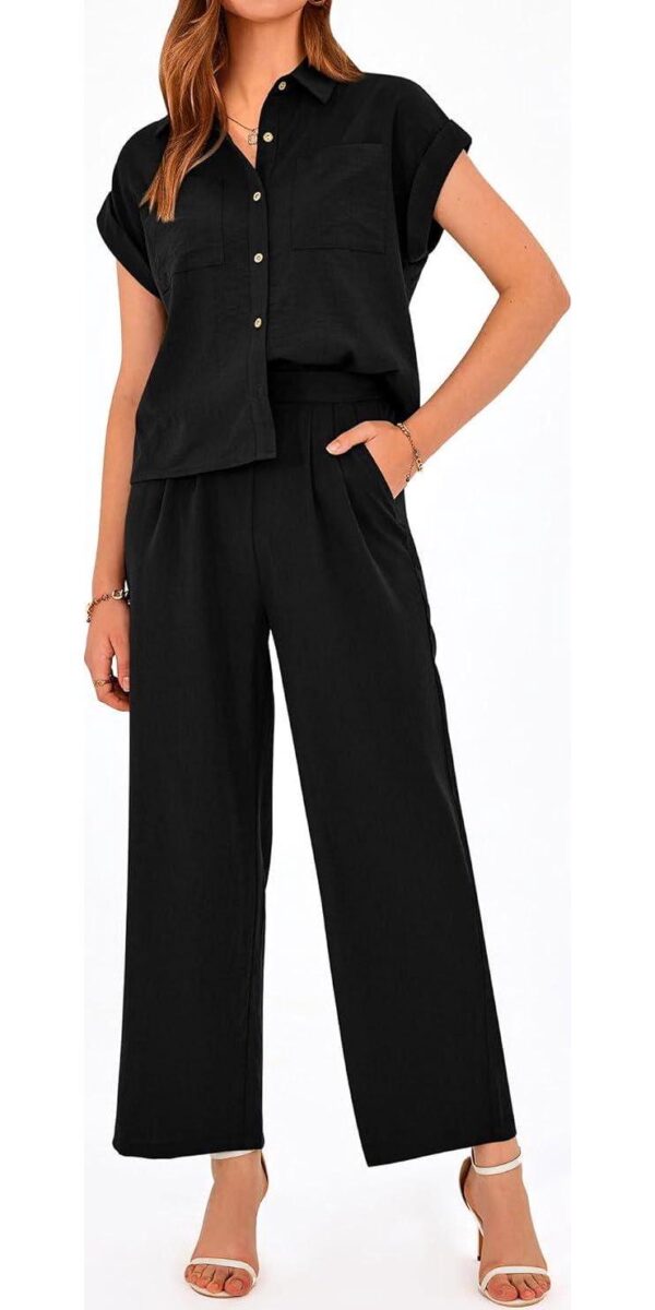 PRETTYGARDEN Womens Short Sleeve Button Down Shirt Long Pant Lounge Set - Image 3