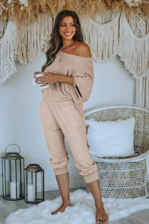 PRETTYGARDEN Womens 2 Piece Off Shoulder Ribbed Long Sleeve Pullover Long Pants With Pockets - Image 4