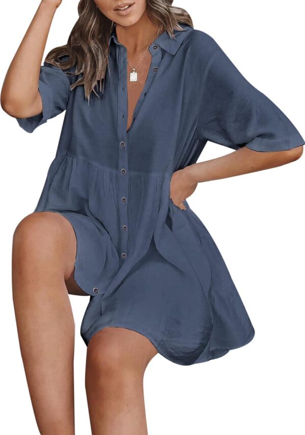 PYGFEMR Women's Short Sleeve Babydoll Dress Button Down Dresses with Pockets - Image 2