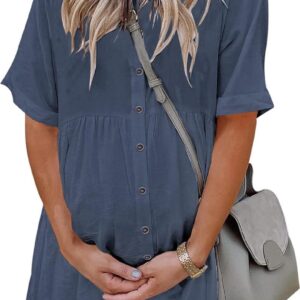 PYGFEMR Women's Short Sleeve Babydoll Dress Button Down Dresses with Pockets