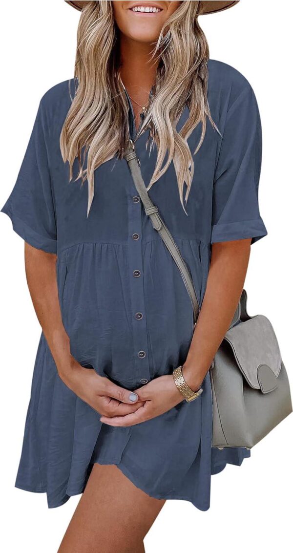 PYGFEMR Women's Short Sleeve Babydoll Dress Button Down Dresses with Pockets