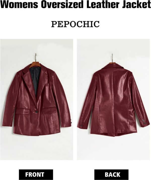 Pepochic Womens Oversized Leather Jacket Long Sleeve Faux Leather Blazer Lapel Button Down Leather Shacket Coat with Pockets - Image 5