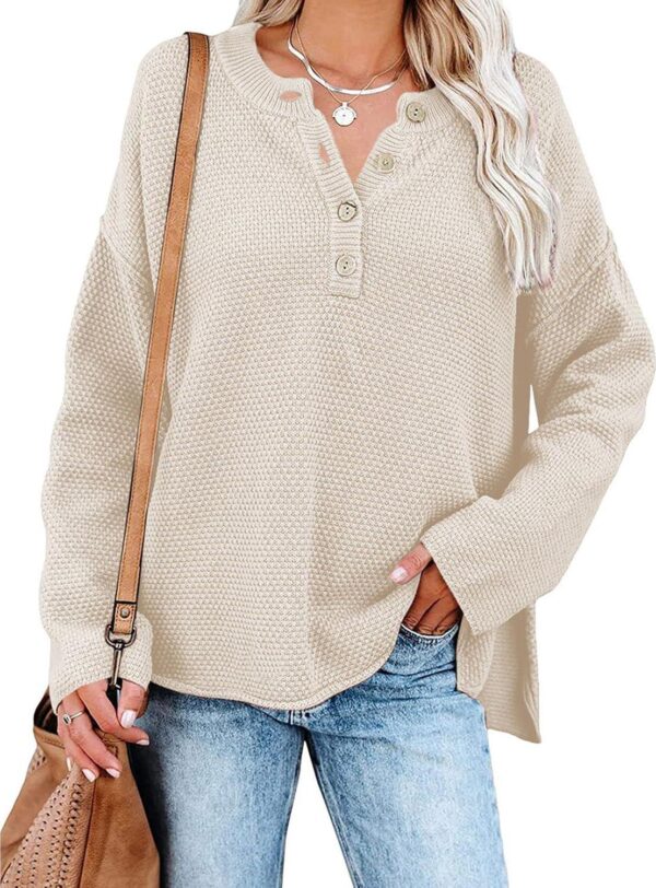 Pink Queen Women's V Neck Button Sweater Oversized Batwing Long Sleeve Henley Pullover Knit Jumper Top - Image 2