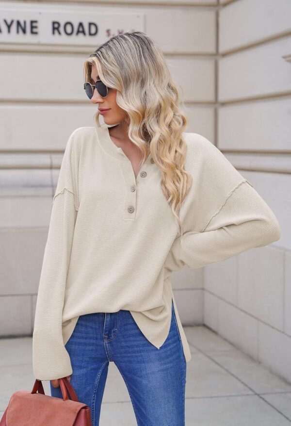 Pink Queen Women's V Neck Button Sweater Oversized Batwing Long Sleeve Henley Pullover Knit Jumper Top - Image 7