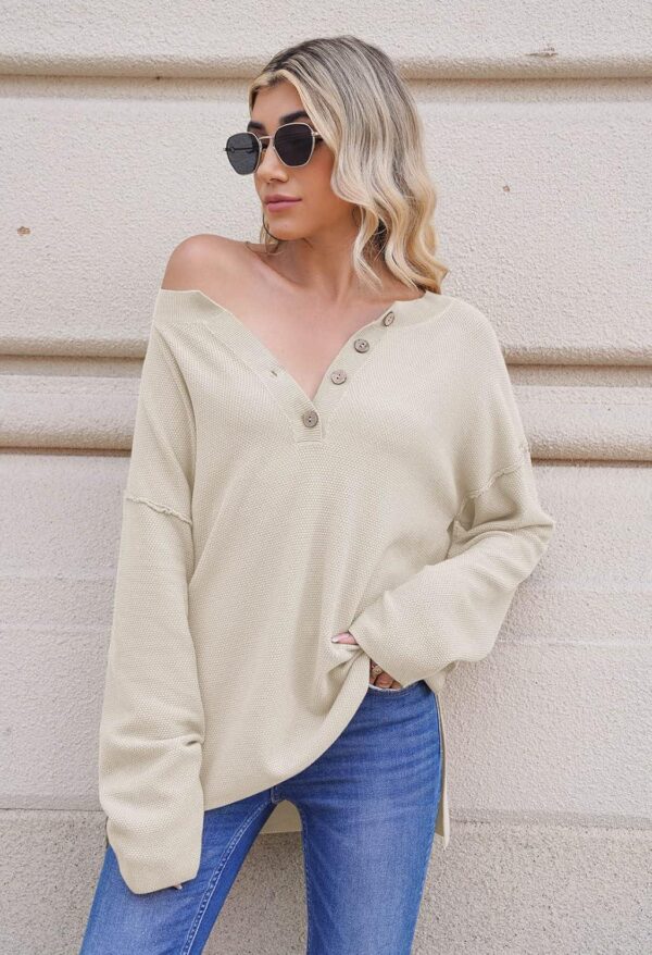 Pink Queen Women's V Neck Button Sweater Oversized Batwing Long Sleeve Henley Pullover Knit Jumper Top - Image 6
