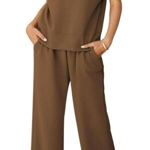 Pink Queen Womens Two Piece Outfits Sleeveless Pullover Tops and Wide Leg Pants Half Zip Jogger Lounge Sets